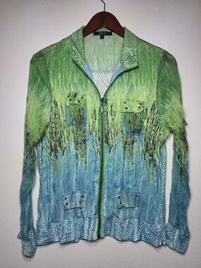 Cativa Large Mesh Green-Blue Sheer Ombre Zip Jacket